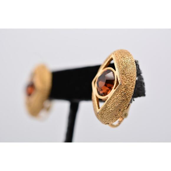 Sarah Cov Vintage Crystal Clip Earrings Chocolate Rhinestone Gold Signed BinAV - Picture 2 of 12